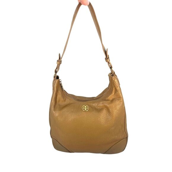 Tory Burch Beige Pebbled Leather Slouchy Hobo Bag Gold Logo 10 x 12'' - Picture 4 of 10
